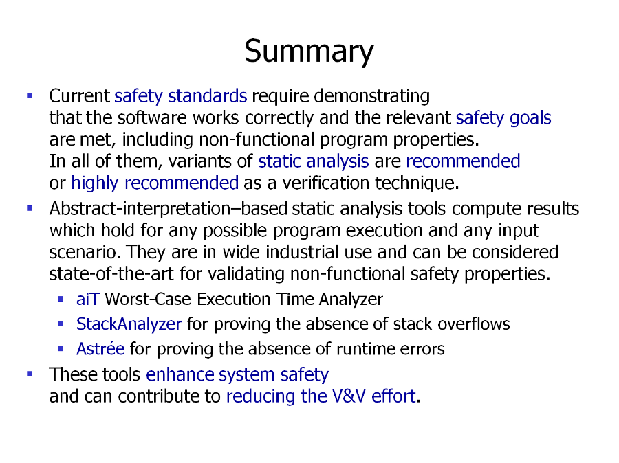 Static runtime error analysis with Astrée: summary
